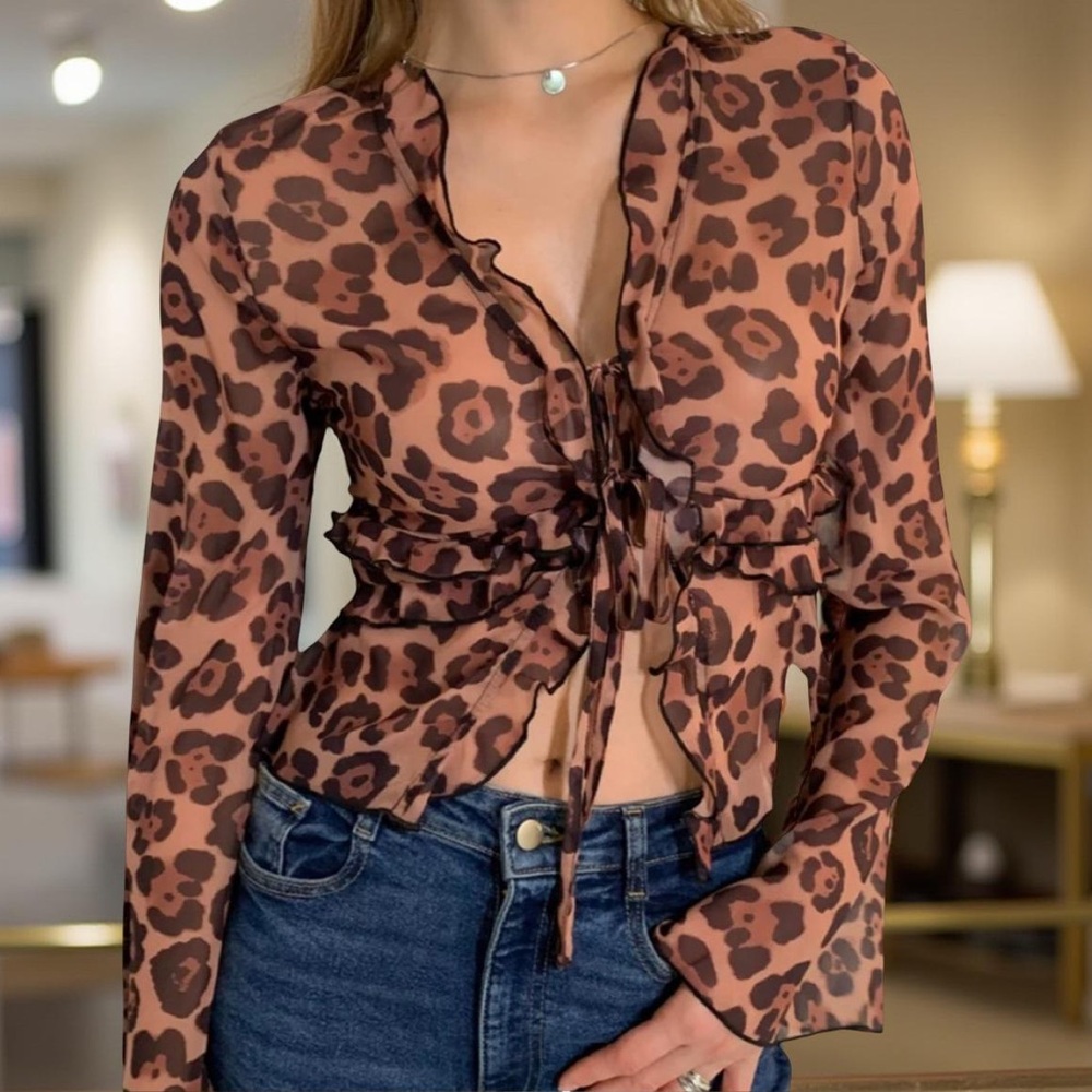 Semi-sheer ruffle tie front leopard blouse NWT